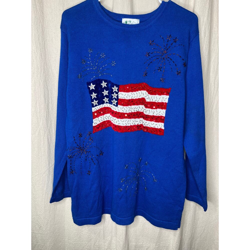 NWT 2000s Quacker Factory Patriotic Sequin Glam Flag Fireworks USA Sweater S